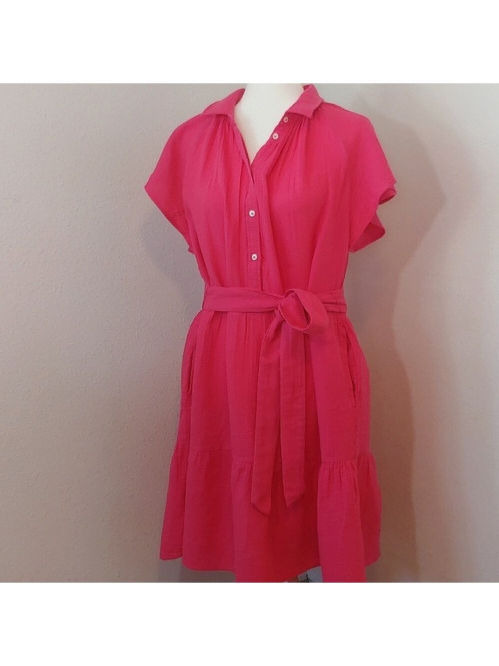 Gap Women's Fuchsia Pink Cotton Gauze Dress with Bell Sleeves size Large Tall